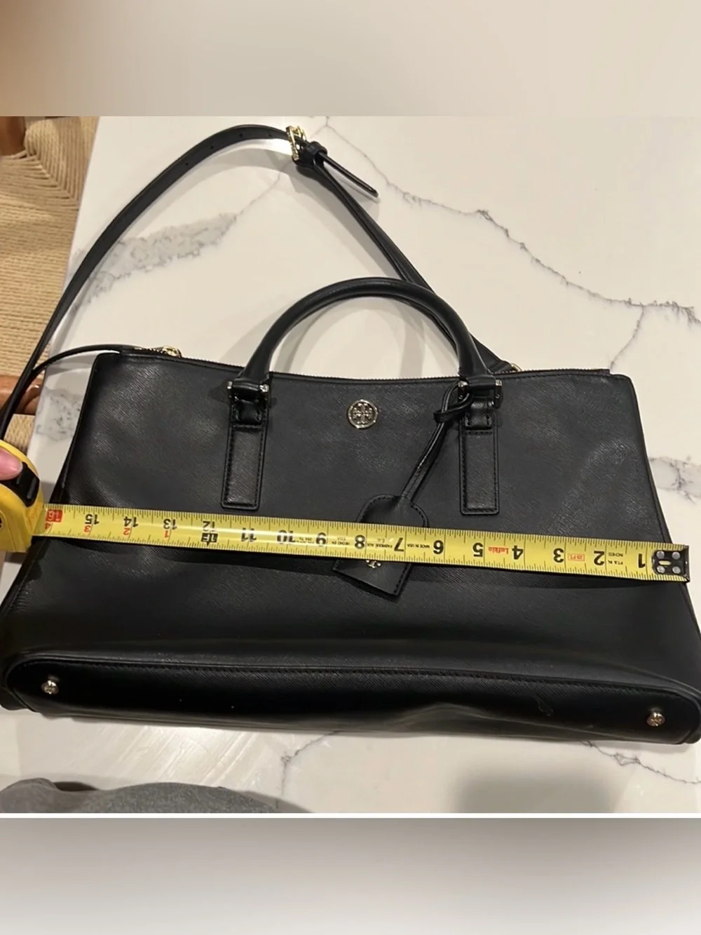 Tory Burch Black Leather Top-Zip Satchel with Gold Hardware